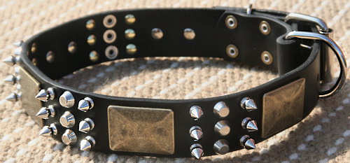 best spiked leather dog collar with studs-peramid and plates for Shar Pei
