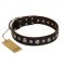 "Gorgeous Shields" FDT Artisan Brown Leather Sharpei Collar with Old Silver-like Circles and Small Camomiles