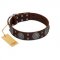 "Hypnotic Stones" FDT Artisan Brown Leather Sharpei Collar with Chrome Plated Brooches and Square Studs