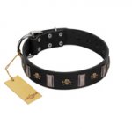 "Pirates' Symbol" Fashionable FDT Artisan Black Leather Sharpei Collar with Silver-Like Plates and Gold-Like Skulls