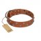 "Waltz of the Flowers" Handmade FDT Artisan Tan Leather Sharpei Collar with Chrome-plated Engraved Studs