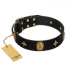 "Star Powder" FDT Artisan Black Leather Sharpei Collar with Ovals and Stars - 1 1/2 inch Wide