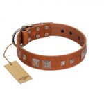 "Egyptian Gifts" Handmade FDT Artisan Tan Leather Sharpei Collar with Chrome-plated Pyramids