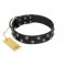 "Power-Flower" FDT Artisan Black Leather Sharpei Collar with Two Rows of Silver-like Studs with Engraved Flowers