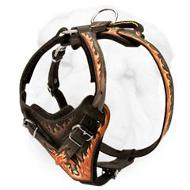 Heavy Duty Leather Harness for Shar Pei Red Flames Painted