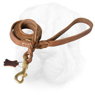 Braided Leather Shar Pei Leash with Brass Snap Hook
