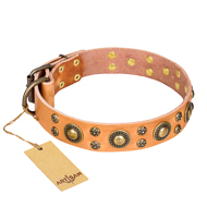 'Sophisticated Glamor' FDT Artisan Shar Pei Tan Leather Dog Collar with Fancy Old-bronze Plated Decorations