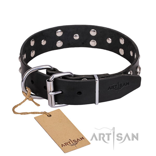 Long-wearing leather dog collar with riveted fittings