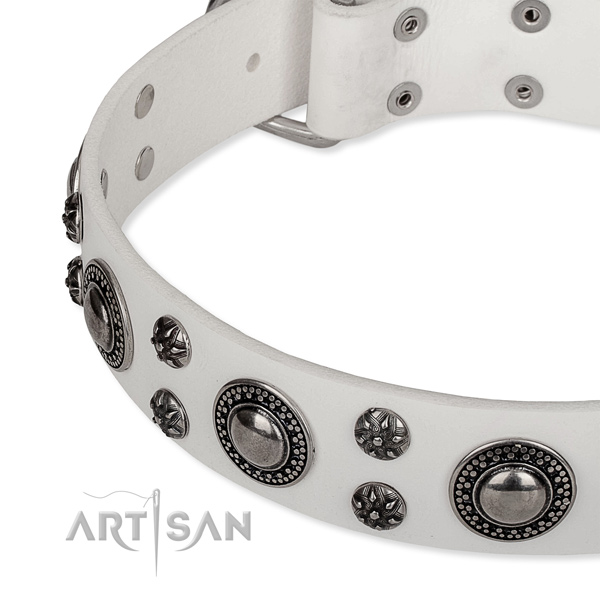 Daily use natural genuine leather collar with strong buckle and D-ring