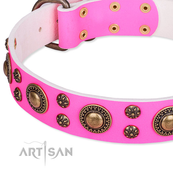 Natural genuine leather dog collar with significant decorations