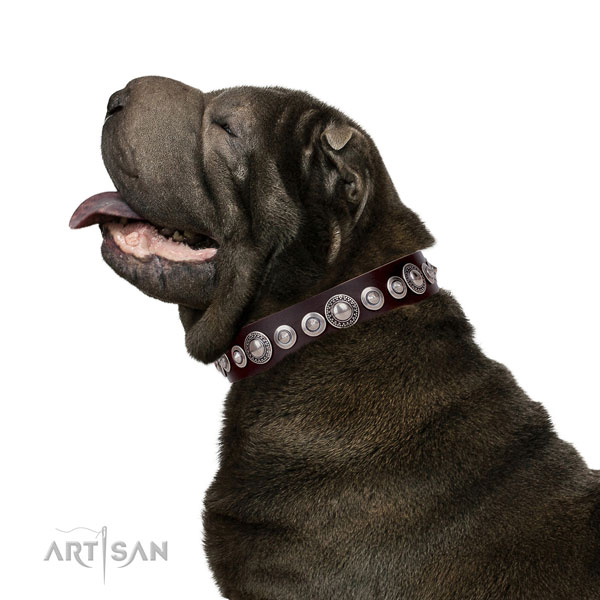 Fashionable embellished natural leather dog collar for comfy wearing