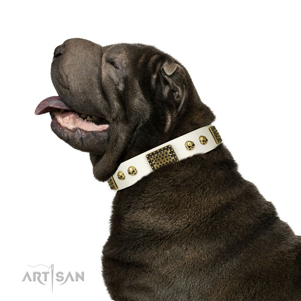 Durable buckle on full grain natural leather dog collar for fancy walking