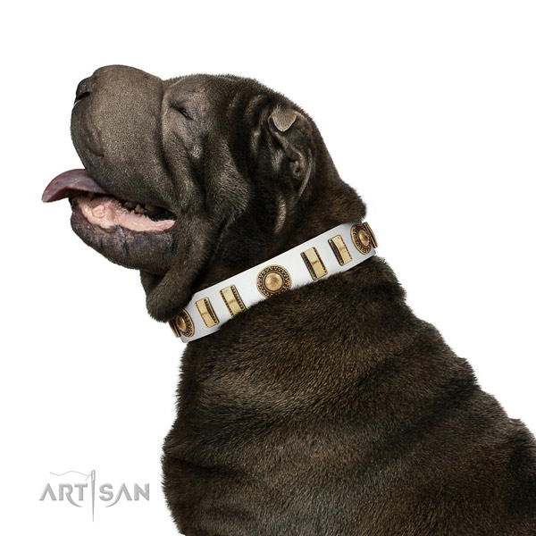 Fine quality full grain genuine leather dog collar with rust-proof hardware