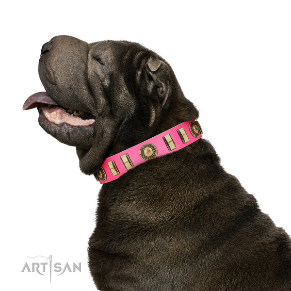 Unique genuine leather dog collar with corrosion resistant traditional buckle