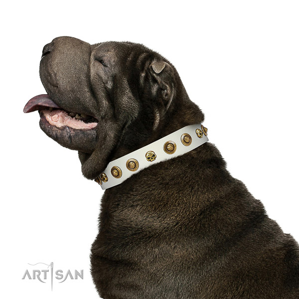 Flexible full grain natural leather dog collar with decorations for your dog