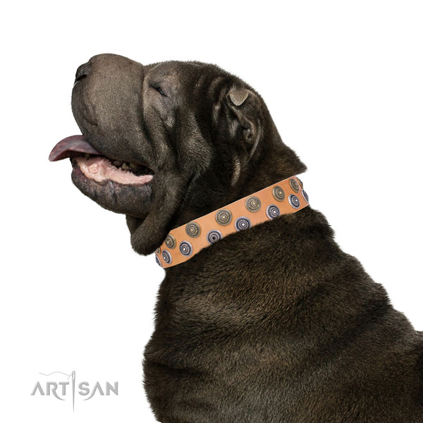 Sharpei full grain natural leather collar with rust resistant D-ring for easy wearing