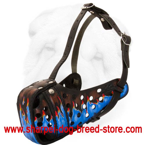 Blue Flames Hand Painted Heavy Duty Muzzle for Shar Pei
