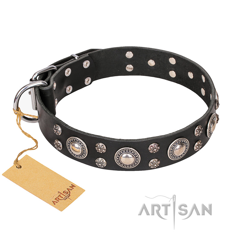 FDT Artisan 'Vintage Necklace' Studded Black Leather Sharpei Dog Collar - 1 1/2 inch (40mm) wide