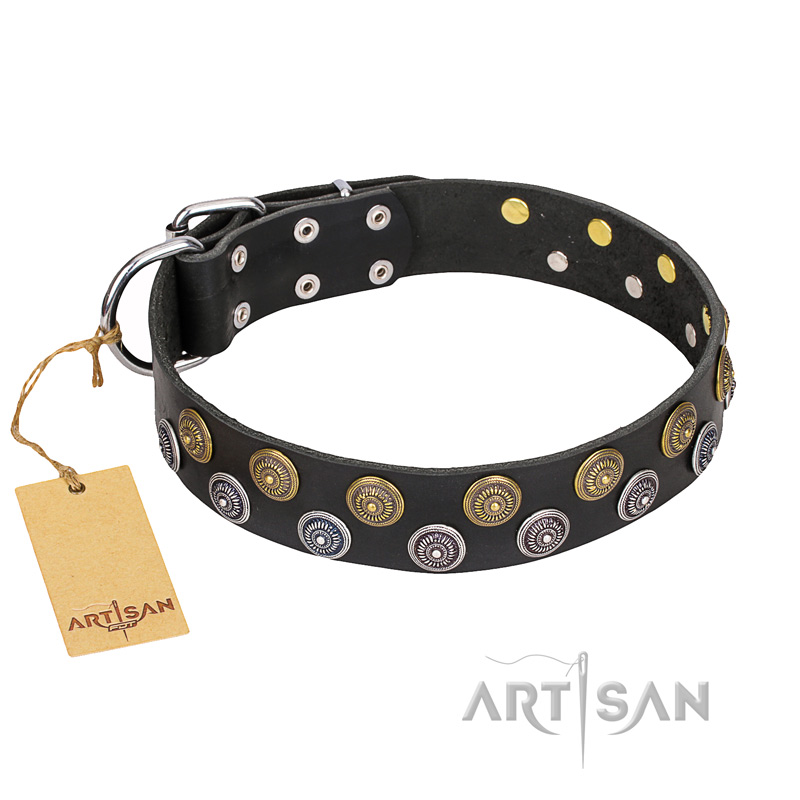 "Romantic Breeze" FDT Artisan Marvellous Black Leather Shar Pei Collar - 1 1/2 inch (40 mm) wide