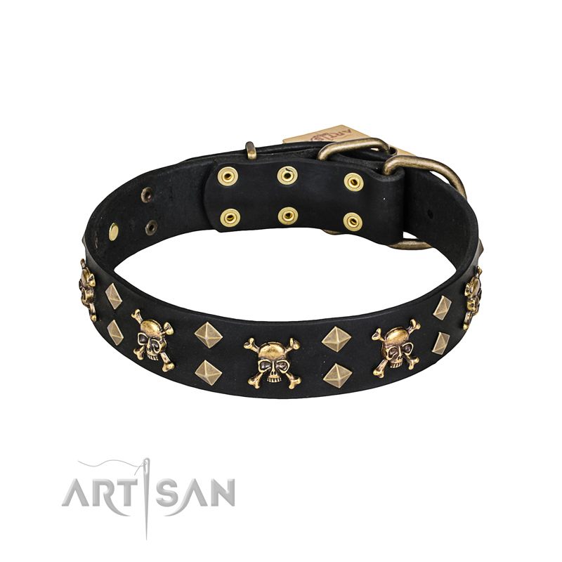 'Jolly Rojer' FDT Artisan Shar Pei Leather Dog Collar with Pirate Skulls and Studs - 1 1/2 inch (40 mm) wide