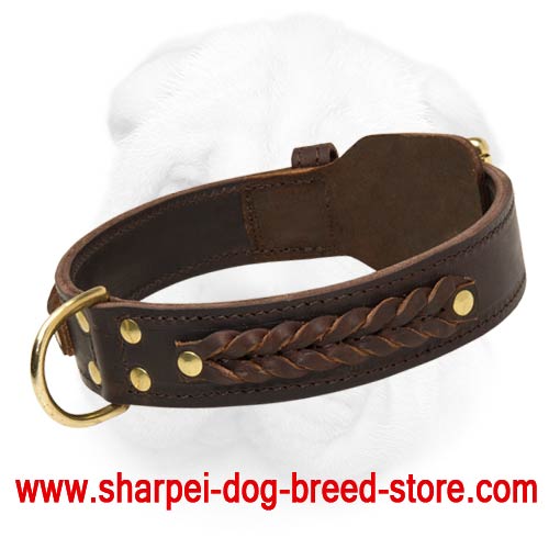 Extra Wide Strong Shar Pei Leather Collar with Fur Protecting Plate