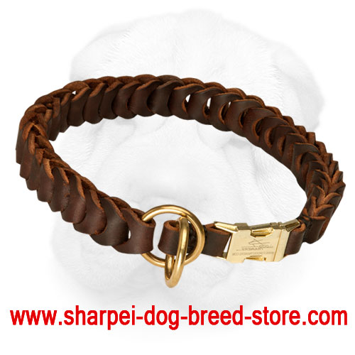 Leather Shar Pei Choke Collar with Quick Release Buckle for Behavior Correction