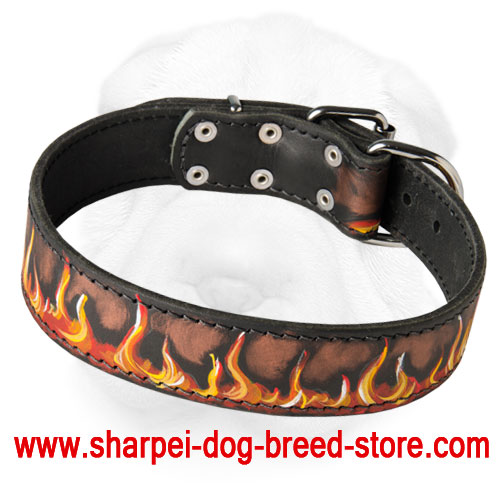 Leather Shar-Pei Collar Painted with Flames