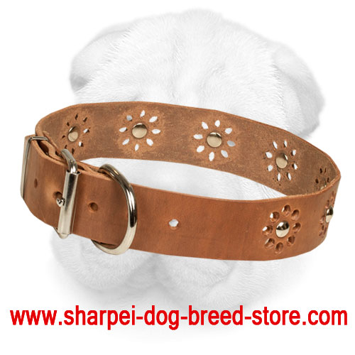 Leather Shar-Pei Collar with Flower Decoration