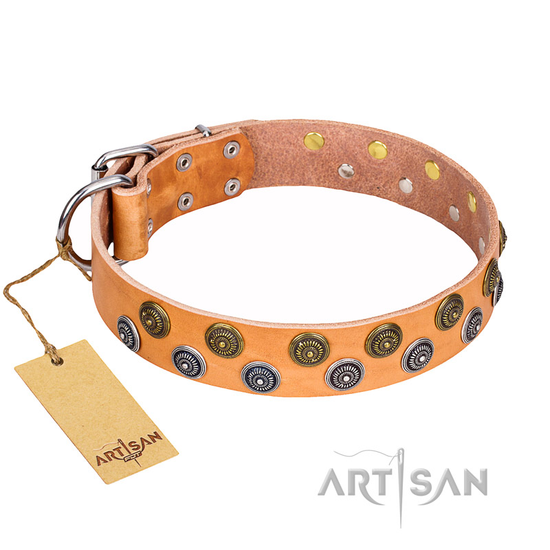 "Precious Sparkle" Handmade FDT Artisan Tan Leather Shar Pei Collar of Premium Quality
