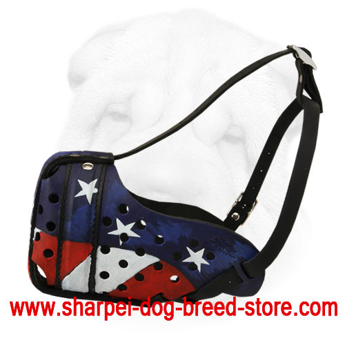 Leather Shar-Pei Muzzle Hand Painted with American Flag - Click Image to Close