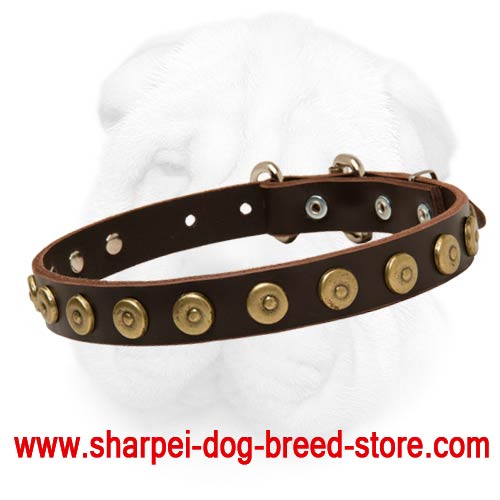 Shar Pei Gorgeous Leather Dog Collar With Dotted Circles - Click Image to Close