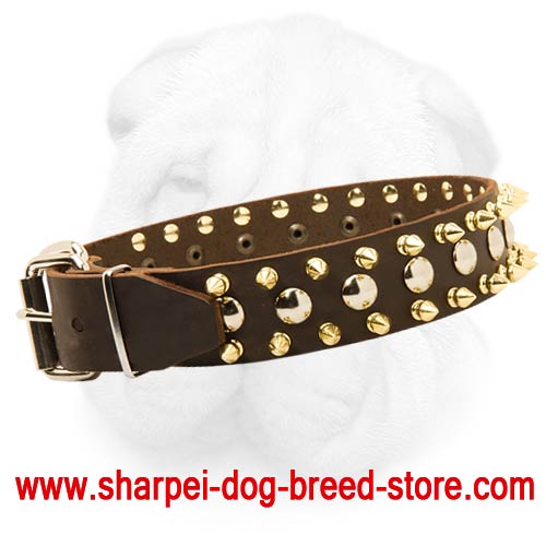 Brass Spikes and Nickel Studs Decorated Wide Leather Collar for Shar Pei Breed