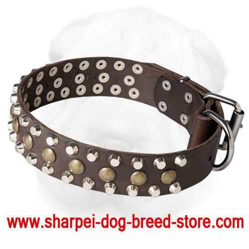 Genuine Leather Shar Pei Collar with Brass and Nickel Studs - Click Image to Close