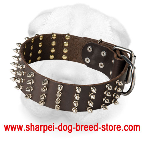 Wide Shar Pei Collar with Four Rows of Nickel Spikes - Click Image to Close