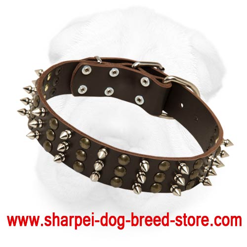 Extra Wide Leather Buckle Collar with Spikes and Studs Arranged into Interchanging Columns