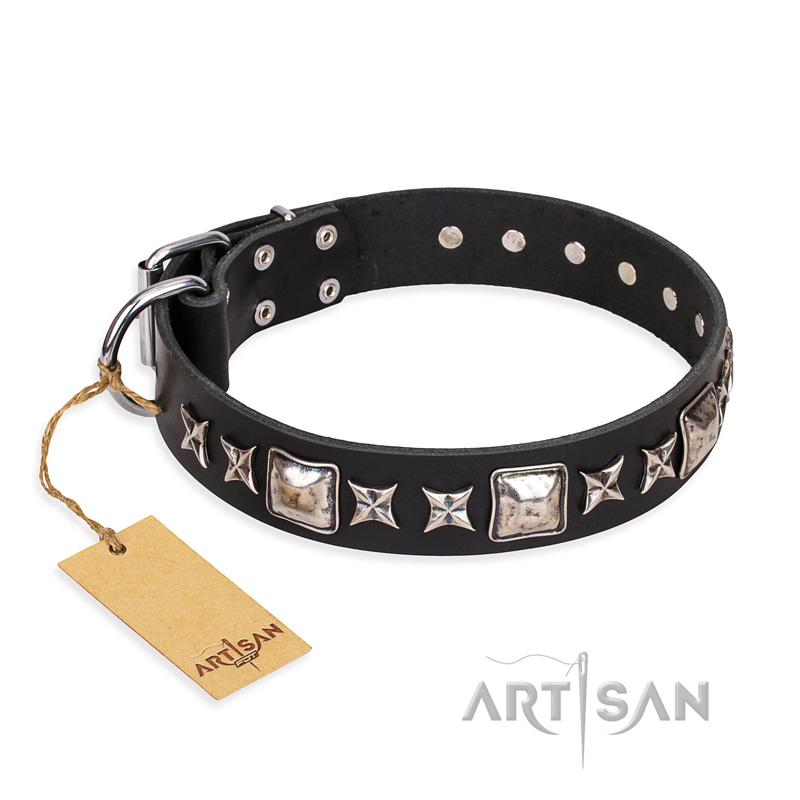 'Space Walk' FDT Artisan Black Leather Shar Pei Dog Collar with Adornments