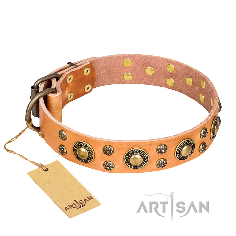 'Sophisticated Glamor' FDT Artisan Shar Pei Tan Leather Dog Collar with Fancy Old-bronze Plated Decorations