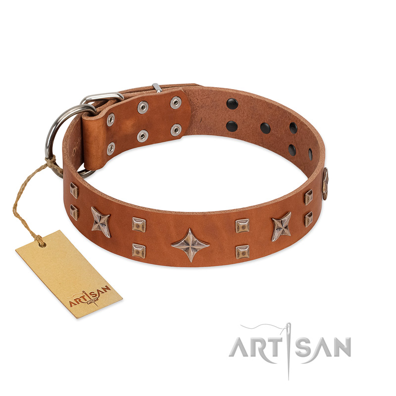 "Dreamy Gleam" FDT Artisan Tan Leather Sharpei Collar Adorned with Stars and Squares - Click Image to Close
