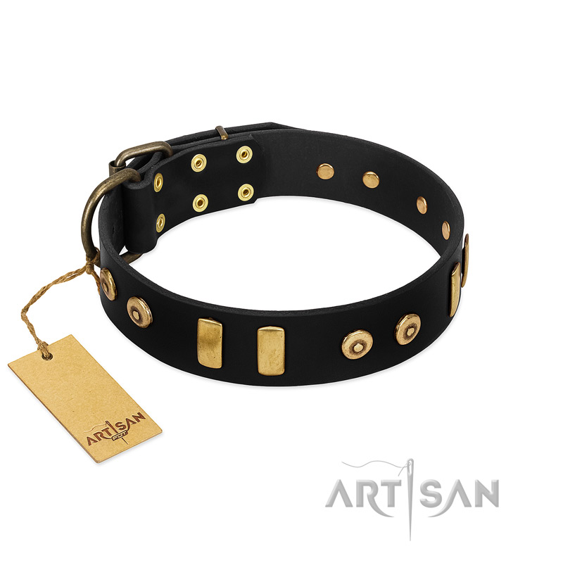 "Rare Dog" FDT Artisan Black Leather Sharpei Collar with Old Bronze-like Dotted Studs and Tiles - Click Image to Close