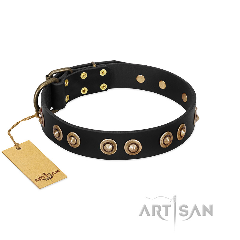 "Golden Artifact" FDT Artisan Black Leather Sharpei Collar with Old-bronze Covered Medallions