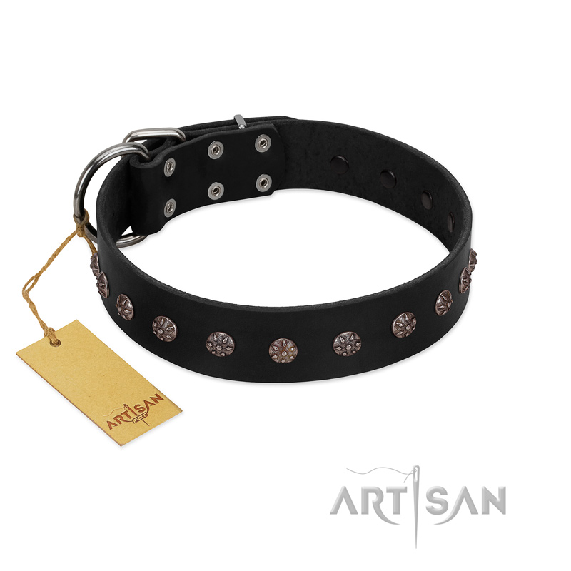 "Flower Rhapsody" FDT Artisan Premium Quaulity Black Leather Sharpei Collar - Click Image to Close