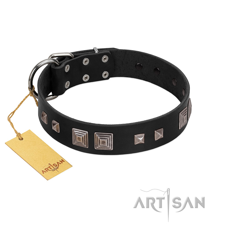 "Foregone Riches" FDT Artisan Black Leather Sharpei Collar with Old Silver-like Square Studs and Pyramids
