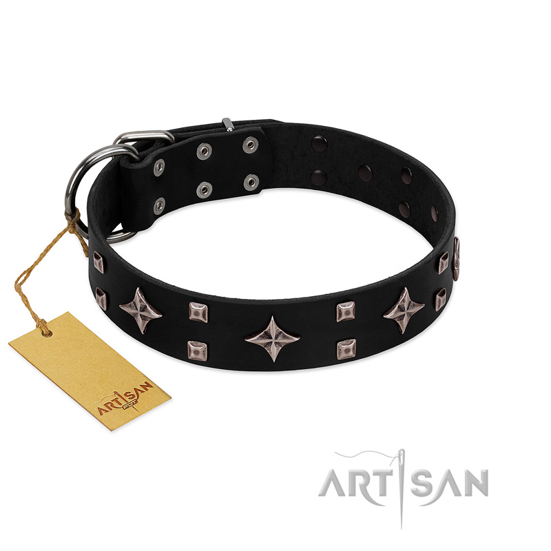 "Snappy Dresser" FDT Artisan Black Leather Sharpei Collar Adorned with Stars and Tiny Squares