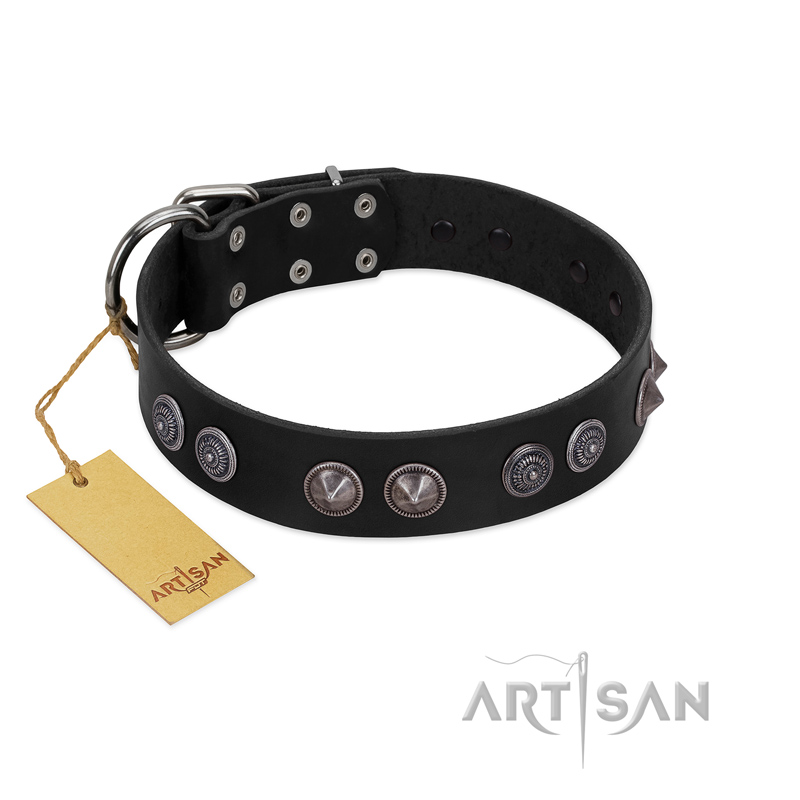 "Silver Medallions" Mod FDT Artisan Black Leather Sharpei Collar with Round Plates