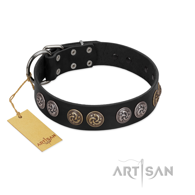 "Mister Exclusive" Designer FDT Artisan Black Leather Sharpei Collar with Medallions