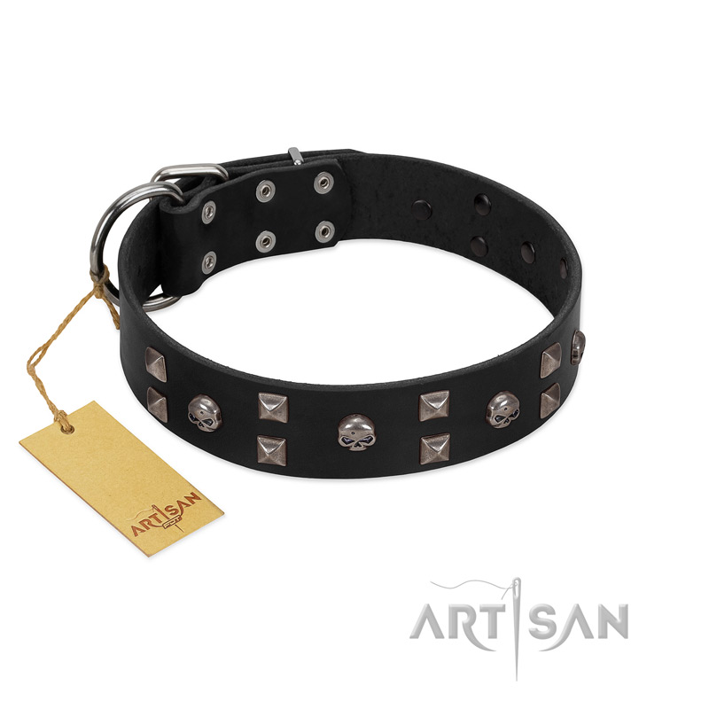"Fire Eyes" Designer Handmade FDT Artisan Black Leather Sharpei Collar