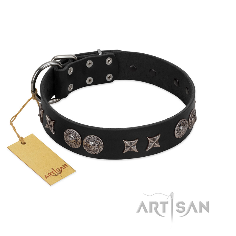 "Scythian Silver" Stylish Handmade FDT Artisan Black Leather Sharpei Collar