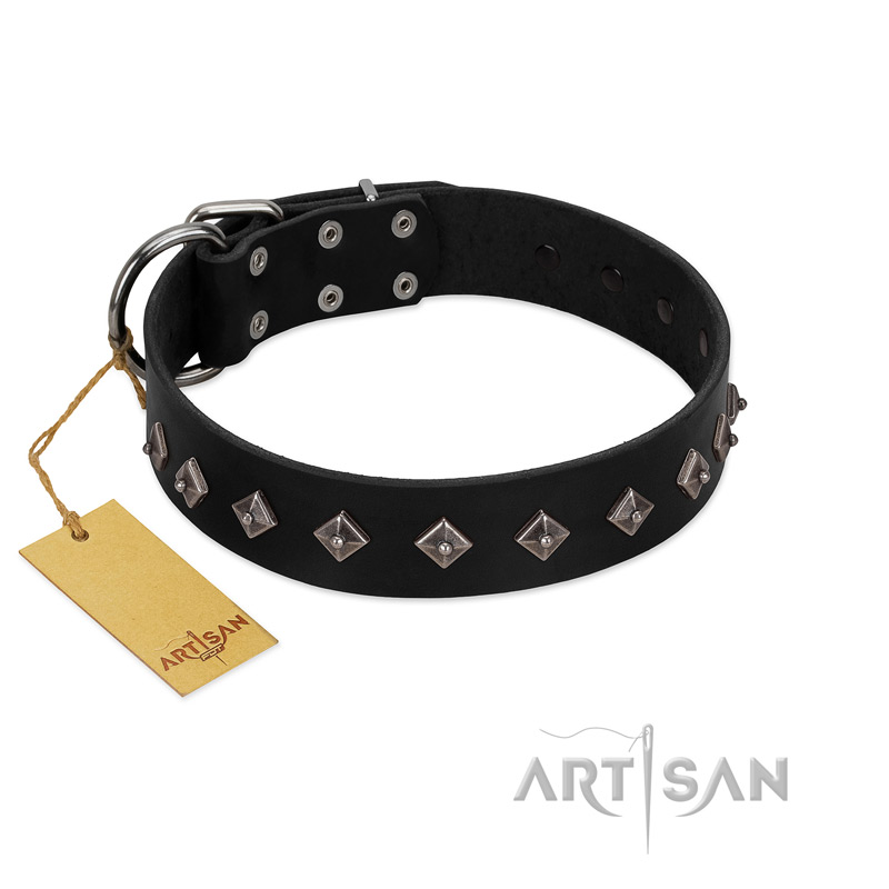 "Immense Power" Handcrafted FDT Artisan Black Leather Sharpei Collar with Small Dotted Pyramids