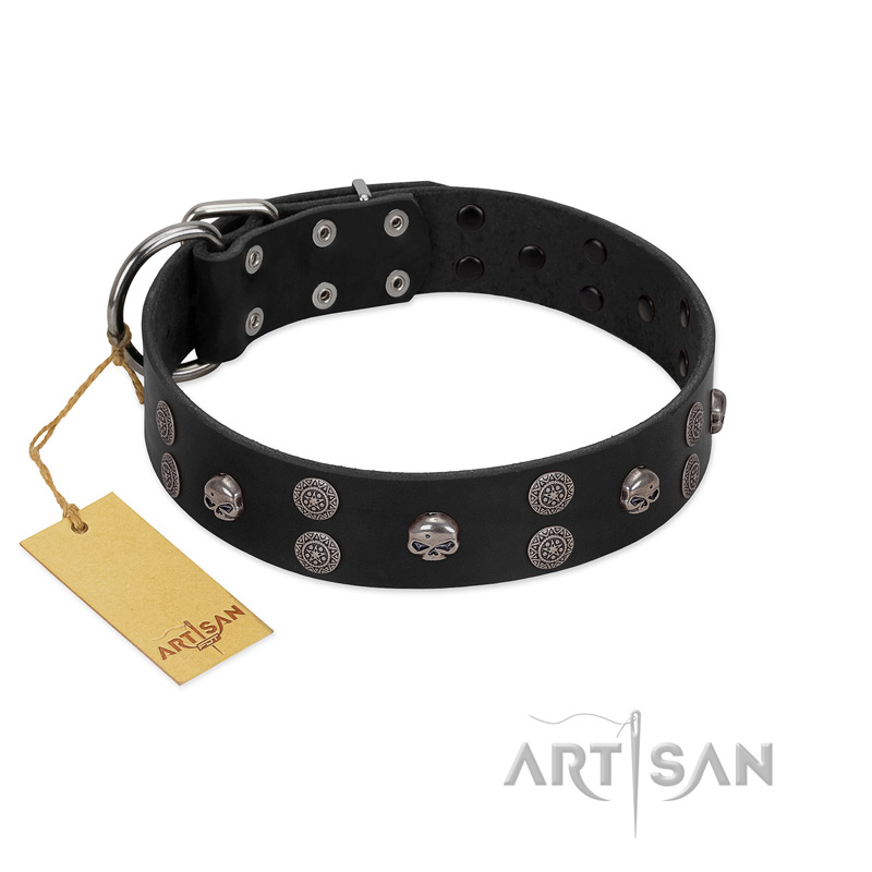 "Skull Art" Designer Handmade FDT Artisan Black Leather Sharpei Collar with Skulls