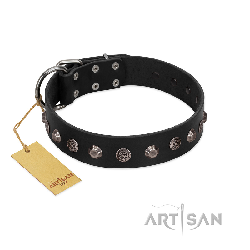 "Black Knight" Handmade FDT Artisan Black Leather Sharpei Collar with Silver-Like Studs